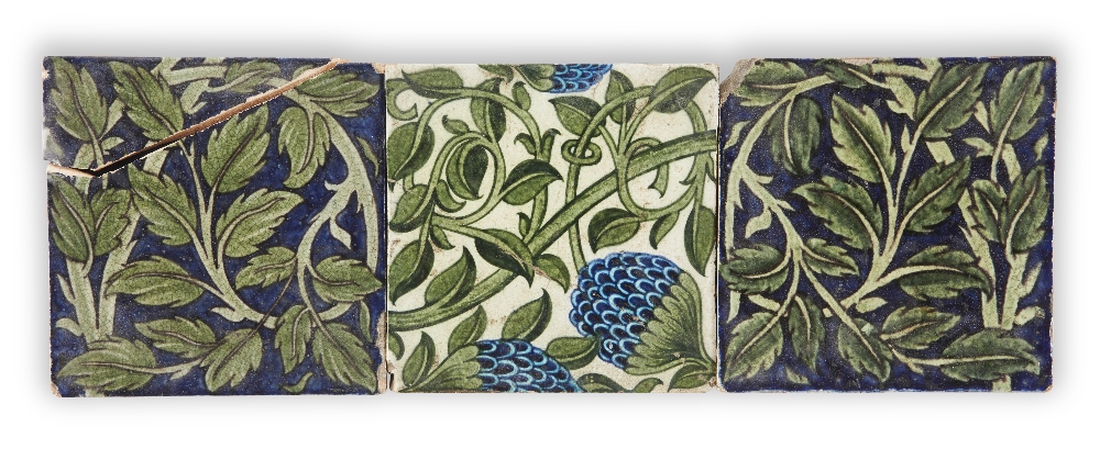 William de Morgan (1836-1917), Three tiles: two with green foliage on deep blue ground, circa