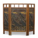 Designer Unknown, Arts & Crafts three-fold fire screen, each panel decorated with flying peacocks,
