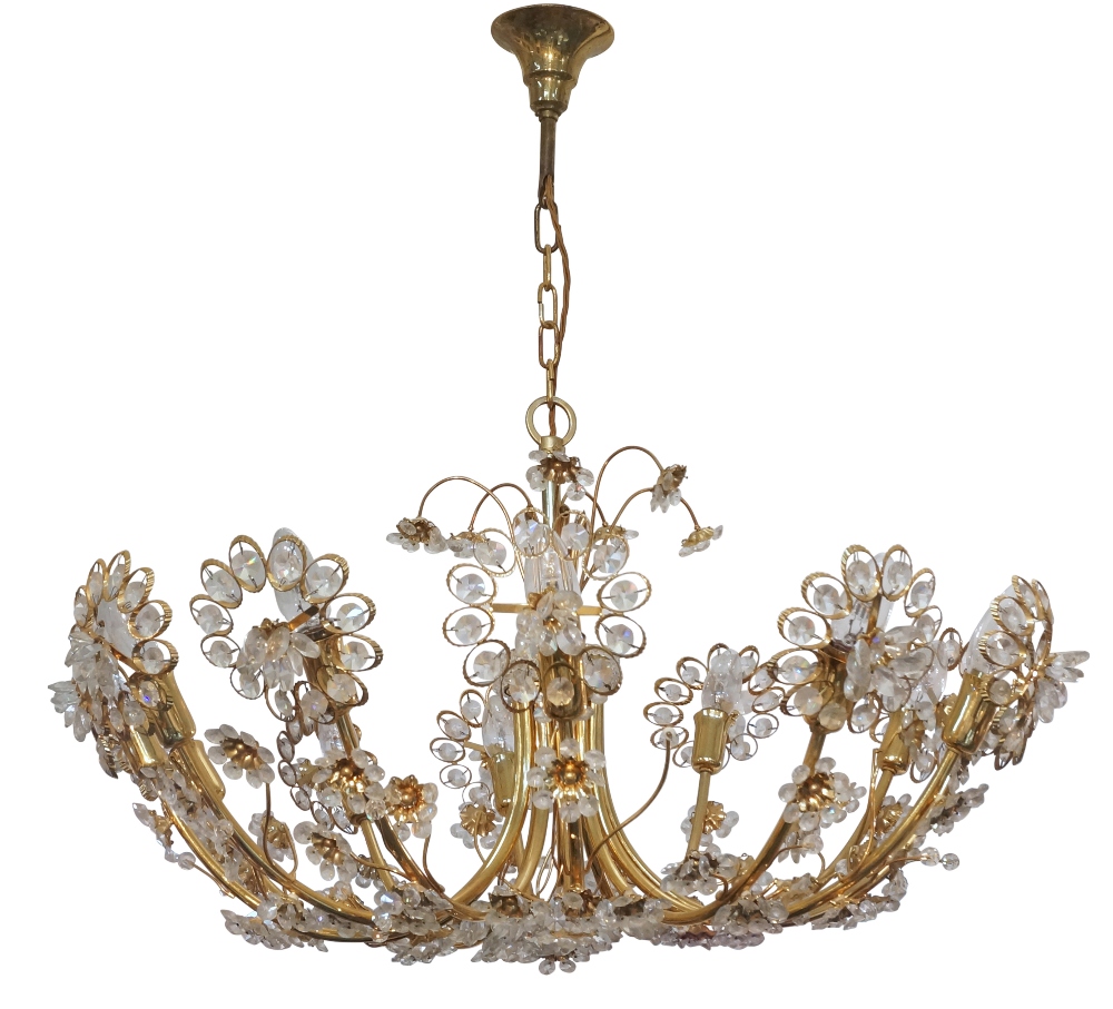 Palwa, Twelve light chandelier, circa 1970, Gilt brass, faceted glass, electrical fittings, 77cm