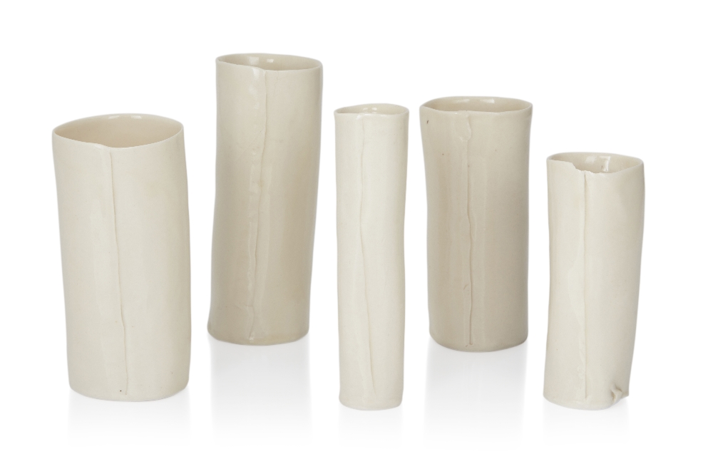 Mo Jupp (1938-2018), Five Studio Pottery Cylindrical Vases , late 1990s, Porcelain, Underside