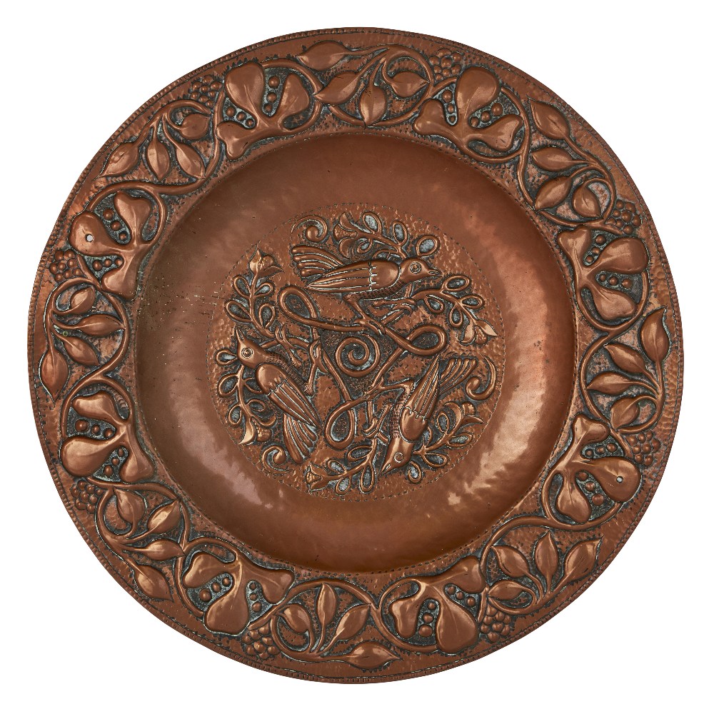 John Pearson (1859-1930), Arts and Crafts charger with birds and stylised foliage in relief, 1896,