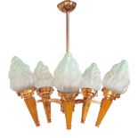 Designer Unknown, Art Deco five light ceiling light, circa 1920, Copper, Bakelite, glass, 60cm