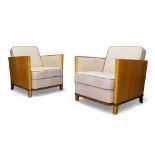 Designer Unknown, Pair of Art Deco club lounge chairs, circa 1930, Sycamore, rosewood, fabric