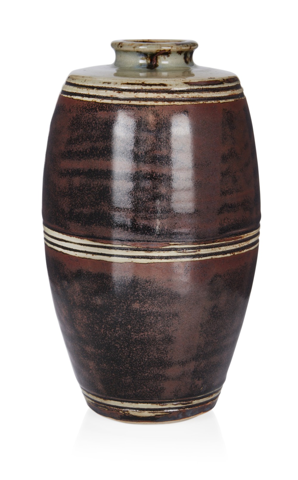 Unknown Designer, Large Studio Pottery barrel form tenmoku glaze vase with celadon glaze to neck and