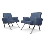 Designer Unknown, Pair of armchairs, circa 1970, Denim upholstery, steel, Each 74cm high, 70cm