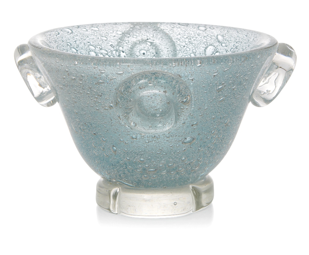 Willem De Moor for Flygsfors vase, Art glass footed bowl, 1940, Clear glass with bubbles,