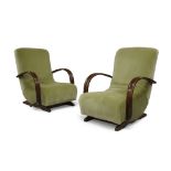 Designer Unknown, Pair of Art Deco adjustable reclining lounge chairs, circa 1930, Stained oak,