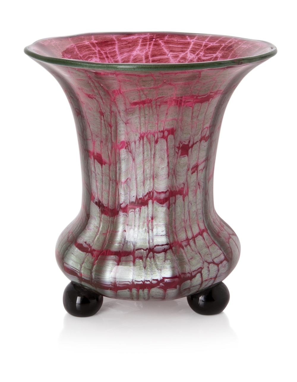 Loetz, Ausfuehrung 134 footed vase, circa 1914, Pink and silver green glass cased in clear glass,