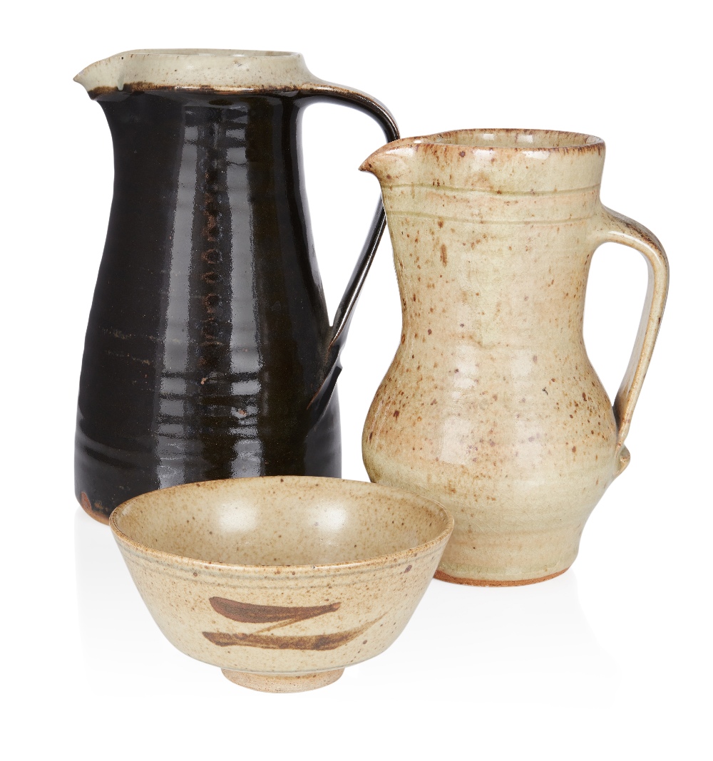 Leach Pottery group, 'Z' bowl, celadon jug with brown speckles, and dark brown glaze jug with buff