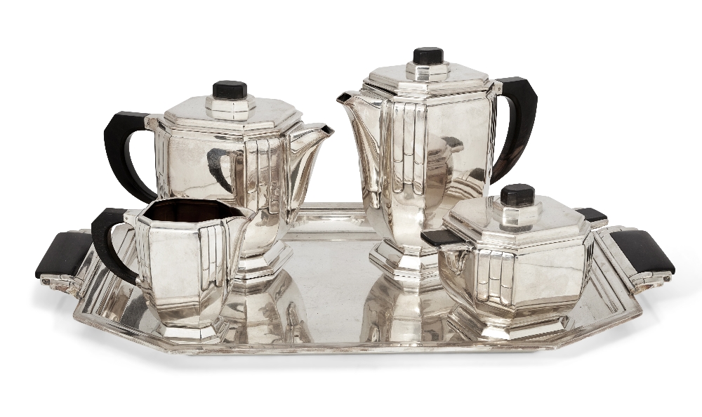 Argental, French Art Deco coffee and tea set, circa 1930, Silver plated metal, ebony, Each part