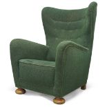 Attributed to Fritz Hansen, Model '1672' armchair, circa 1945, Green wool upholstery, oak feet (