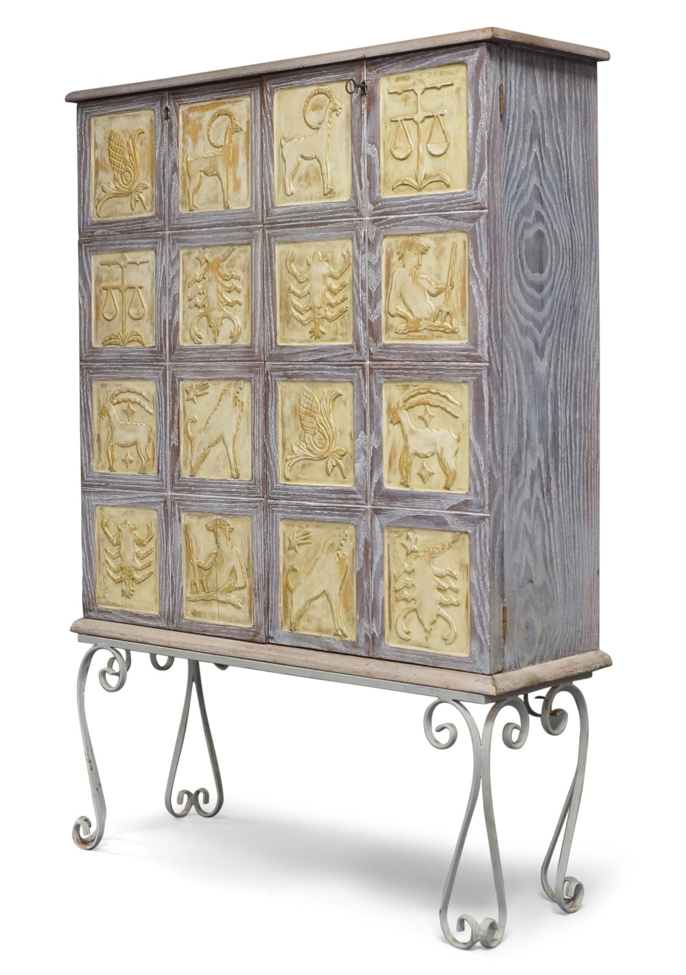 Designer Unknown, French Art Deco Zodiac cabinet on later wrought iron stand, circa 1940, Painted - Image 2 of 3