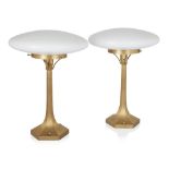 After a Design by Josef Hoffman, Pair of table lamps, circa 1980, Brass, white glass, electrical