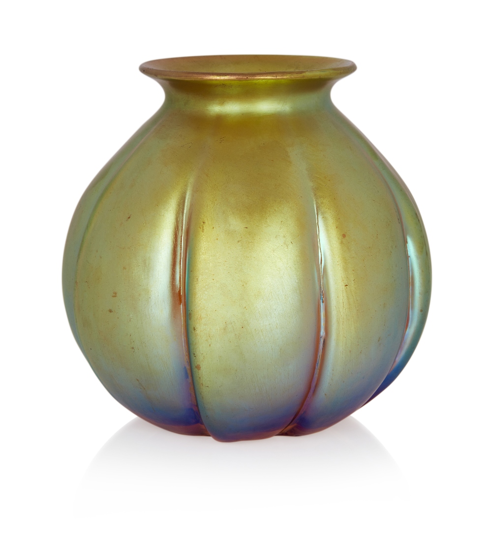 WMF, Myra vase model J295, circa 1930s, Irridescent glass, Paper label to underside 'GEISLANGEN /