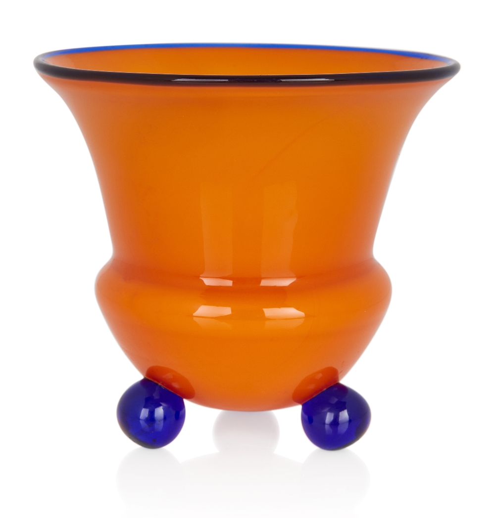 Loetz, 'Tango' footed vase in orange with blue rim and bun feet, circa 1915, Glass, Unmarked, 11cm