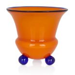 Loetz, 'Tango' footed vase in orange with blue rim and bun feet, circa 1915, Glass, Unmarked, 11cm