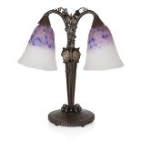 Schneider, Art Deco twin branch moths and gingko leaves table lamp, circa 1930, Mottled coloured