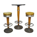 Designer Unknown, Art Deco café table and two stools, circa 1950, Cast iron, steel, chromed metal,