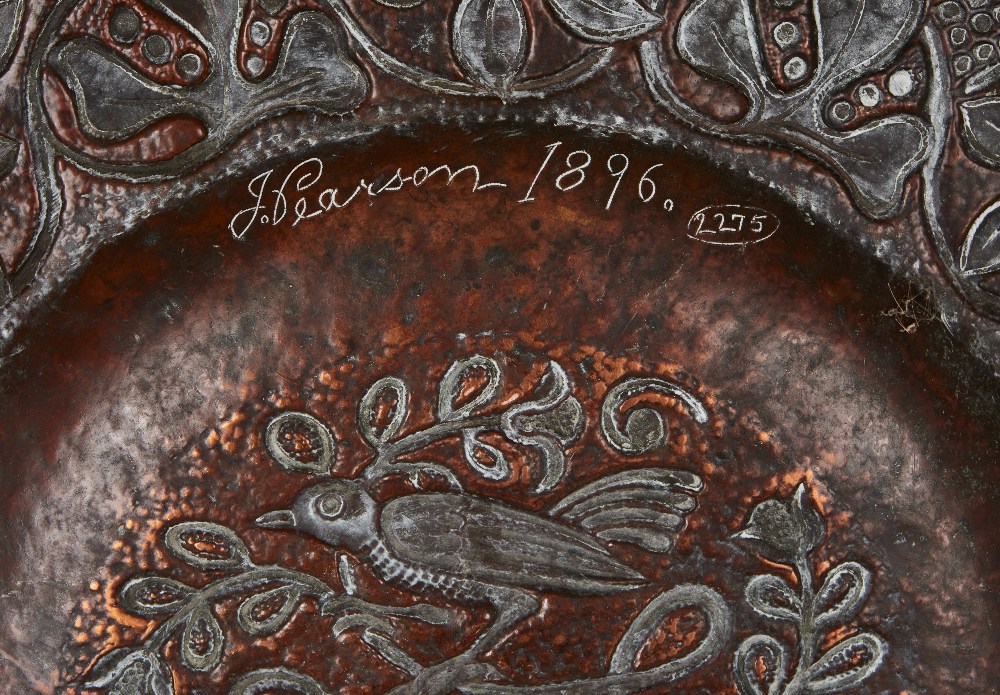 John Pearson (1859-1930), Arts and Crafts charger with birds and stylised foliage in relief, 1896, - Image 2 of 2