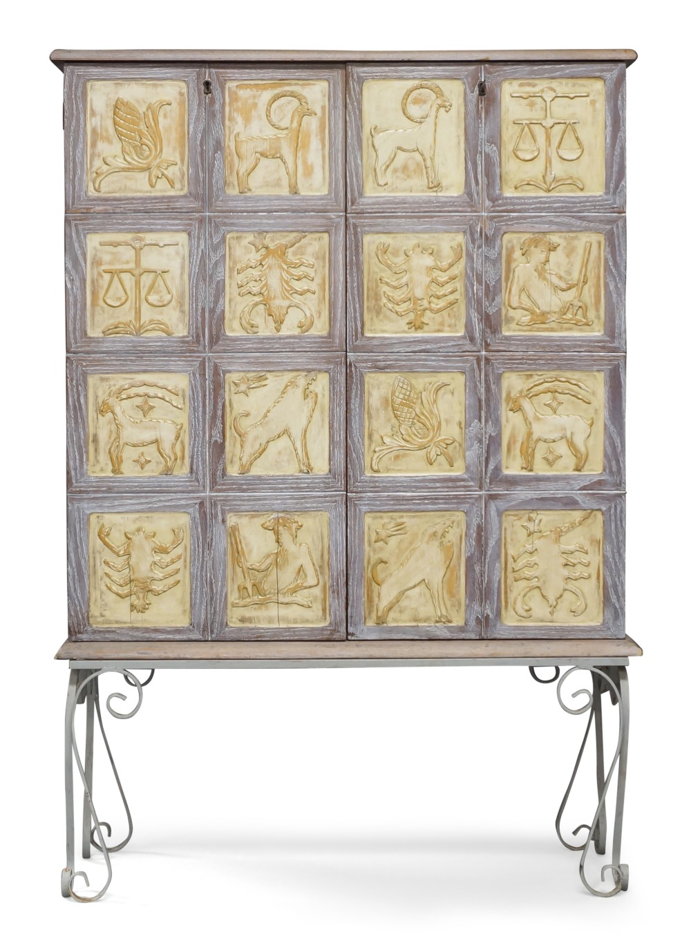 Designer Unknown, French Art Deco Zodiac cabinet on later wrought iron stand, circa 1940, Painted