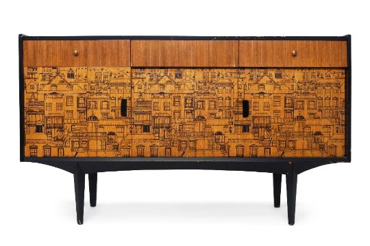 C.W.S Lewis, with panels designed by Dorothy Heritage, Sideboard, circa  1955, Ebonised wood, birc