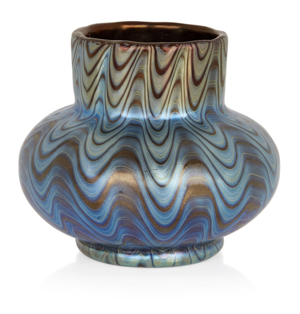 Loetz, Small Rubin Phaenomen PG 6893 blue on red vase, circa 1900, Iridescent glass, Underside