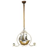 Designer Unknown, French two light ceiling light, circa 1950, Iron, patinated metal, rope,