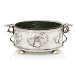 William Hutton & Sons, Art Nouveau twin handled bowl on bun feet with liner, 1902, Silver, green