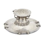 Omar Ramsden (1873-1939), Arts and Crafts Tudor rose and thorns inkwell with cover, 1920, Silver,