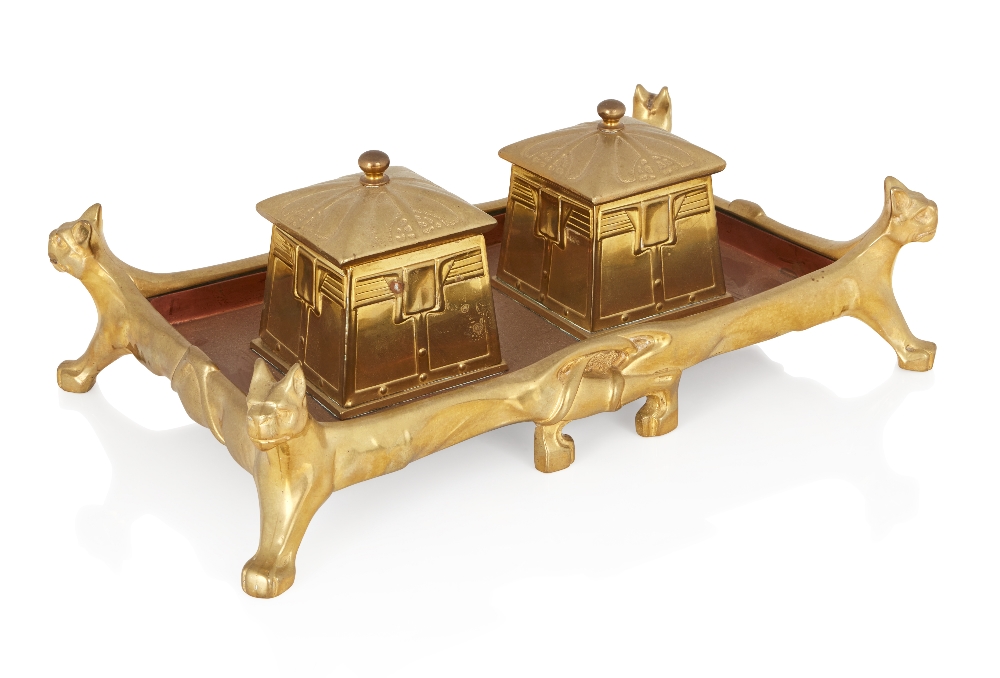 Designer Unknown, Secessionist rectangular ink stand, with two covered ink wells, on animal form