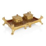 Designer Unknown, Secessionist rectangular ink stand, with two covered ink wells, on animal form