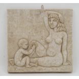 Mike Grevatte, Zimbabwe, b.1943, Mother and child on a beach, marble resin relief plaque, dated