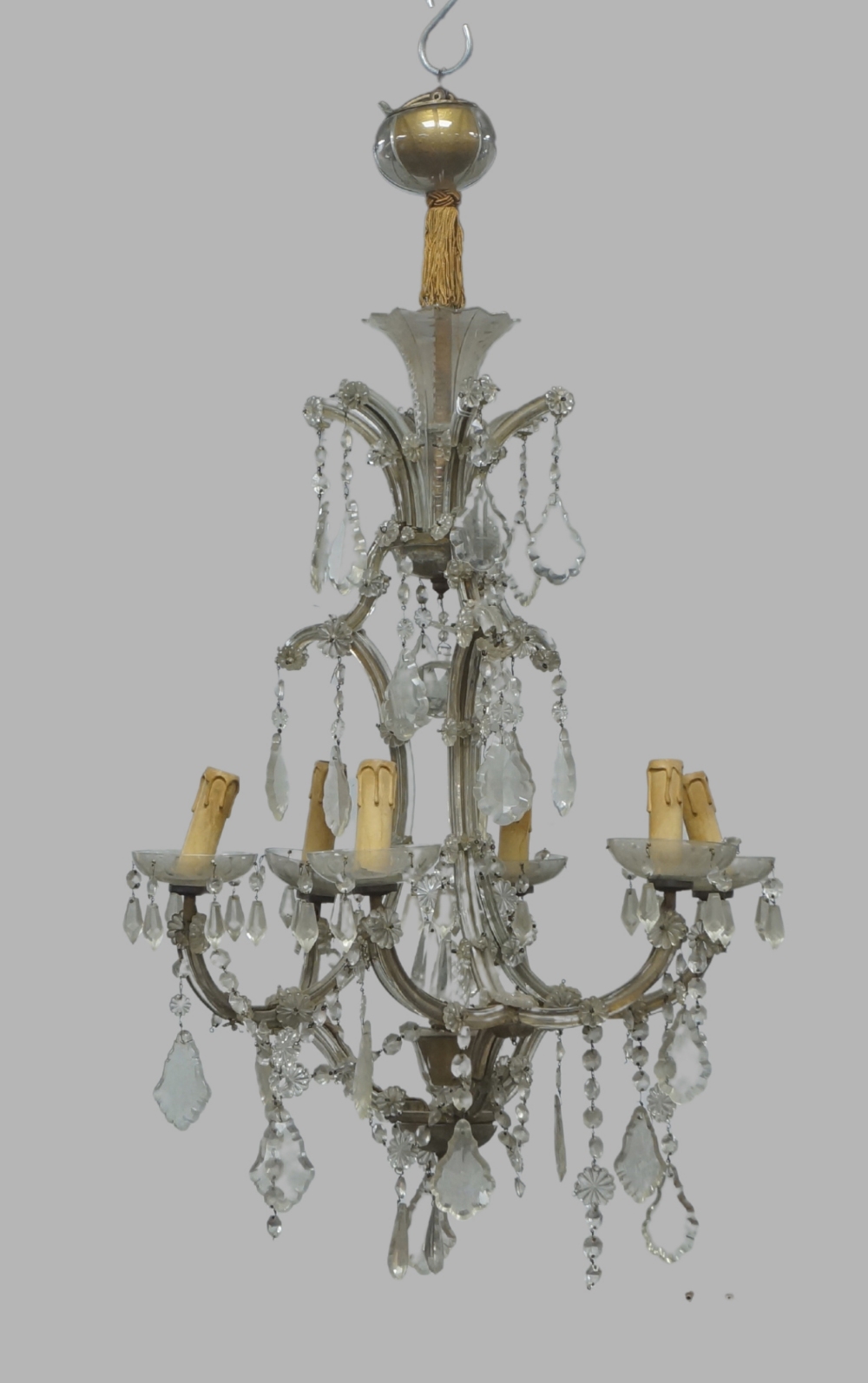 A Continental glass six-light chandelier, first half 20th century, the open cage frame with