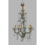 A Continental glass six-light chandelier, first half 20th century, the open cage frame with