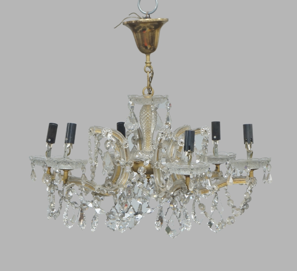 A Continental glass six-light chandelier, first half 20th century, the open cage frame with - Image 2 of 2