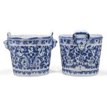 A pair of Continental faïence two-handled jardinières, probably c.1900, blue N marks, of bucket-