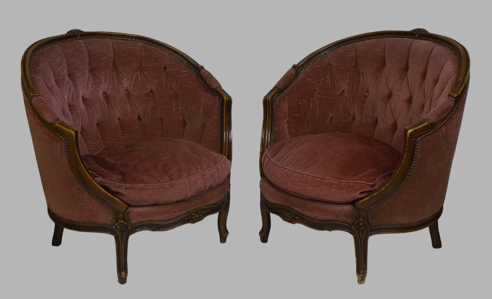 A French mahogany sofa, 20th century, with pink button back velour upholstery, raised on cabriole - Image 3 of 3