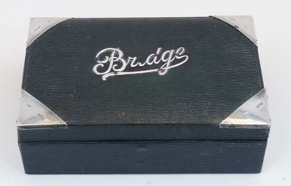 An Edwardian silver mounted green leather Bridge box, Birmingham, 1908, Charles Penny Brown, of