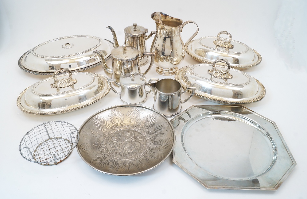 A group of silver plate, comprising: a four piece tea service, by St Hilaire, comprising a teapot,