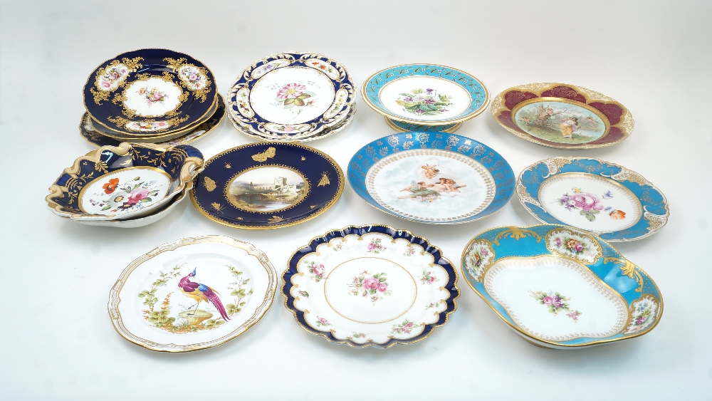 A group of British porcelain plates and dishes to include: a Minton plate, circa 1880, the rim