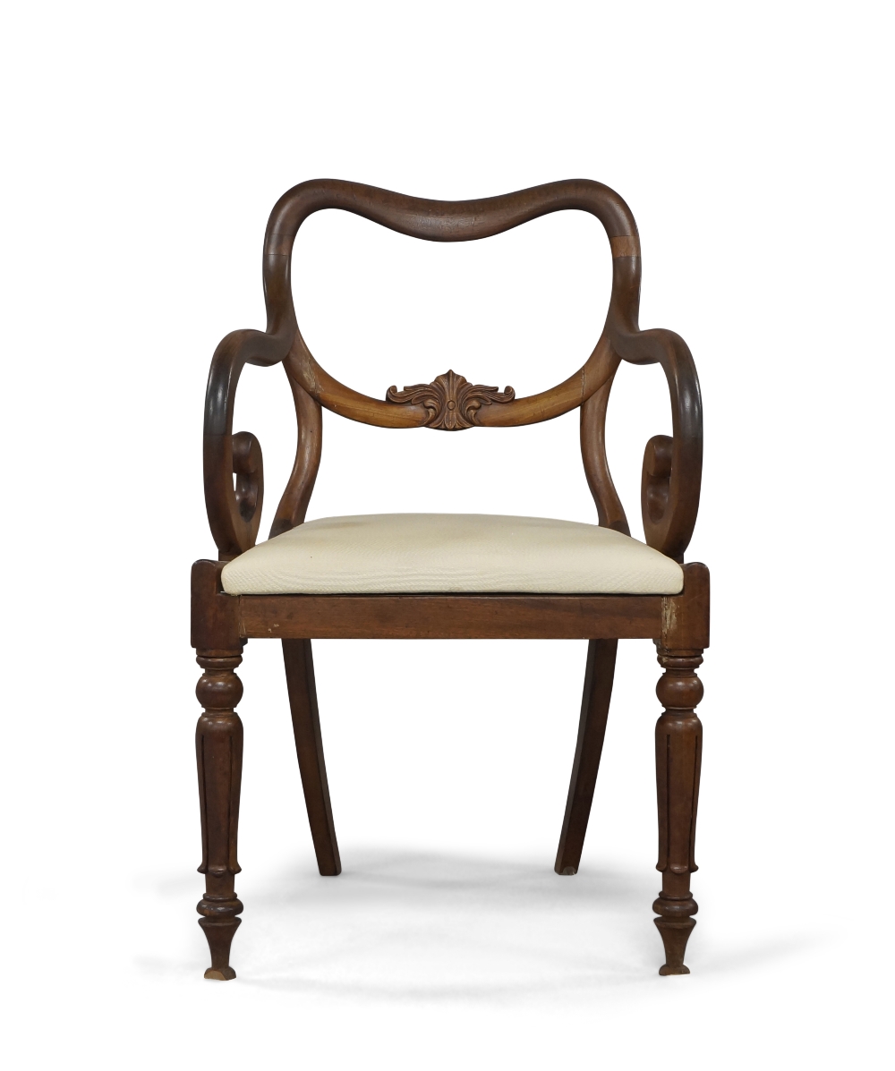 A William IV mahogany open arm elbow chair, with carved floral back rail, above drop in seat, raised - Image 2 of 4
