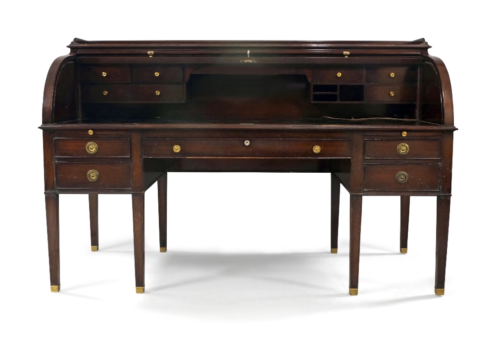 A large Regency style mahogany roll top bureau, early 20th century, ebony strung, the galleried - Image 2 of 2