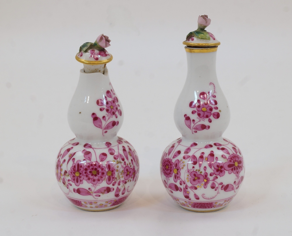 A pair of Meissen miniature double gourd vases and covers, 20th century, with encrusted pink rose