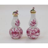 A pair of Meissen miniature double gourd vases and covers, 20th century, with encrusted pink rose