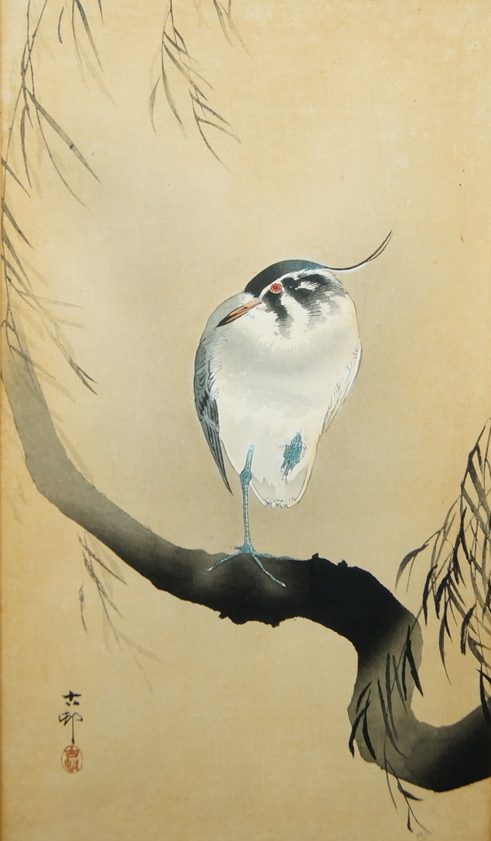 A Japanese watercolour painting of a stork, 20th century, depicted perching on a tree branch with