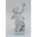 A German porcelain white-glazed figure of a cherub, 20th century, partially draped and holding aloft