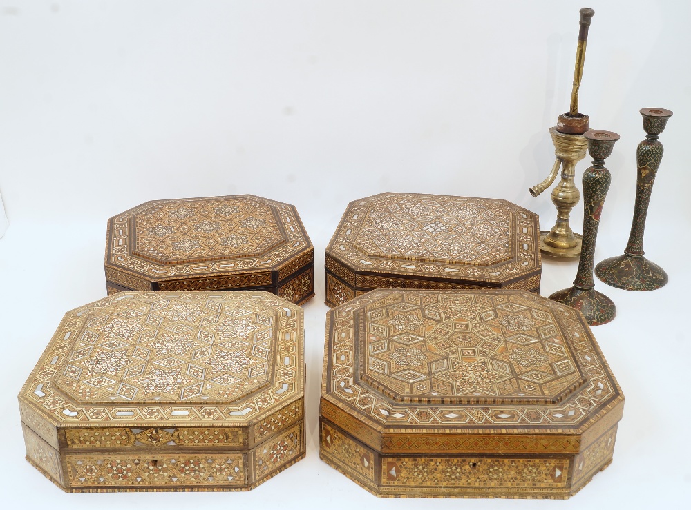 Four Middle Eastern parquetry boxes, first half 20th century, each intricately inlaid in wood,