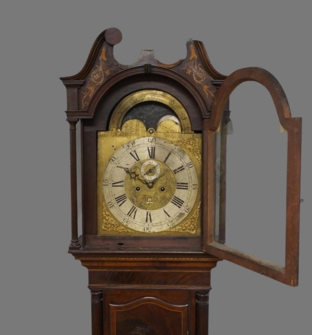 A George III inlaid mahogany longcase clock, with broken swan neck pediment with floral marquetry - Image 2 of 2
