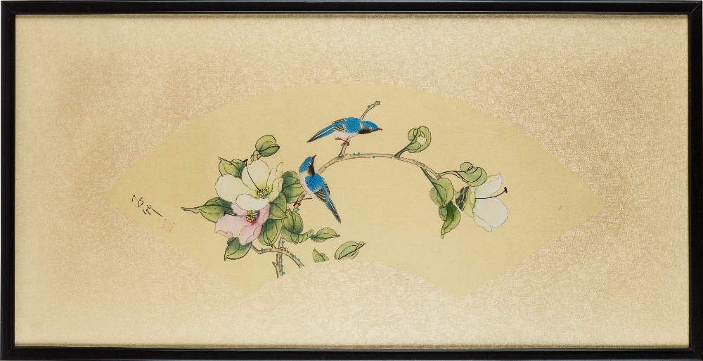 Two Japanese paintings, 20th century, comprising a fan leaf painted on silk with two blue birds - Image 2 of 3