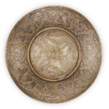 A large silver overlaid brass basin, Egypt or Syria,19th century, the central well and everted sides